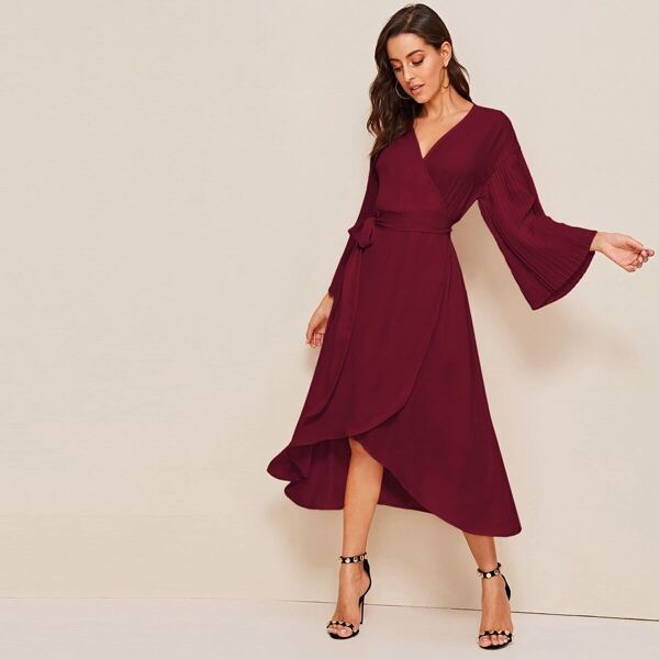 

Drop Pleated Shoulder Surplice Neck Belted Dress