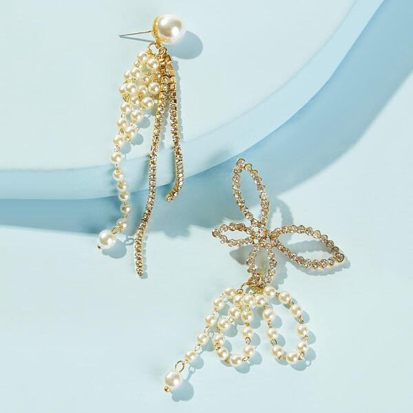 

Faux Pearl & Butterfly Design Mismatched Drop Earrings 1pair, Gold