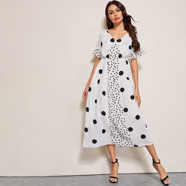 

V-neck Contrast Panel Polka Dot Flounce Sleeve Dress, Black and white