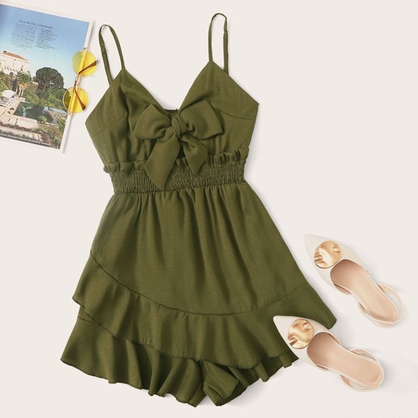 

Tie Front Waist Shirred Frill Ruffle Hem Cami Romper