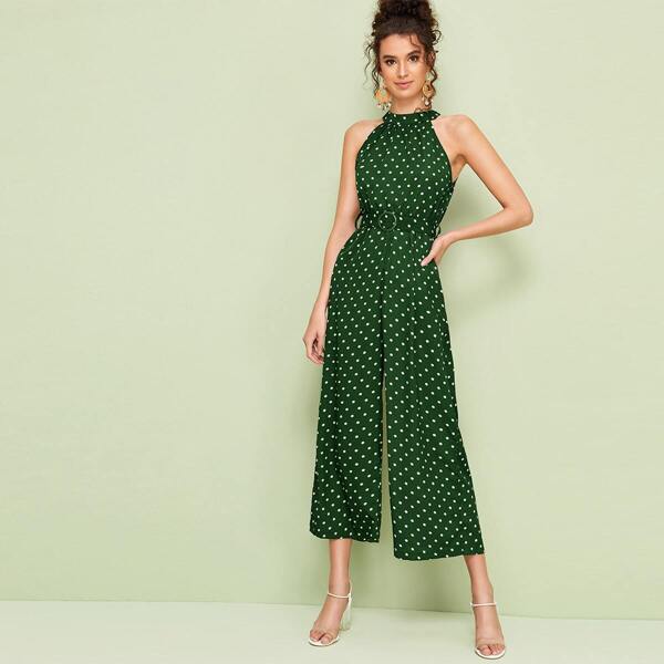 

Wide Leg Polka Dot Belted Halter Jumpsuit, Green
