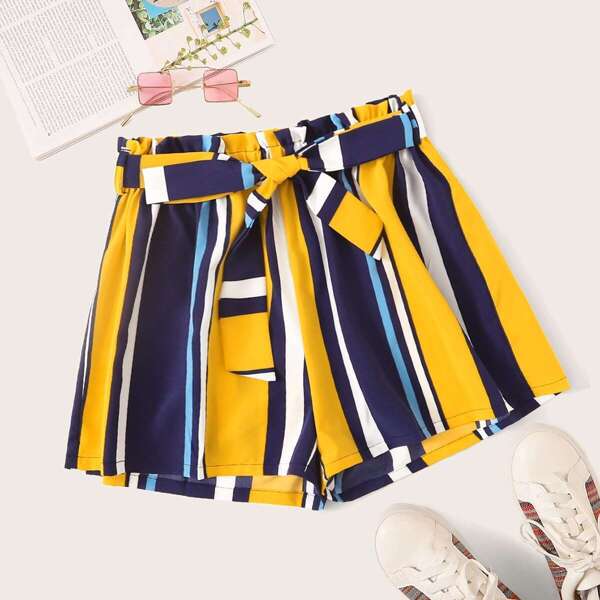 

Striped Elastic Waist Belted Shorts