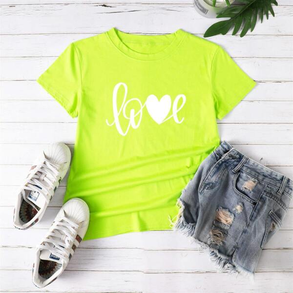 

Letter And Heart Print Neon Lime Tee, Green bright