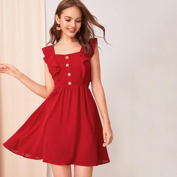 

Button Detail Ruffle Armhole Tie Back Dress
