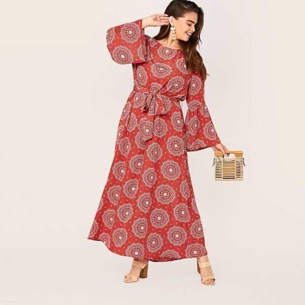 

Plus Bell Sleeve Tribal Print Belted Maxi Dress