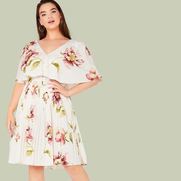 

Plus V-neck Cape Sleeve Pleated Floral Dress, White