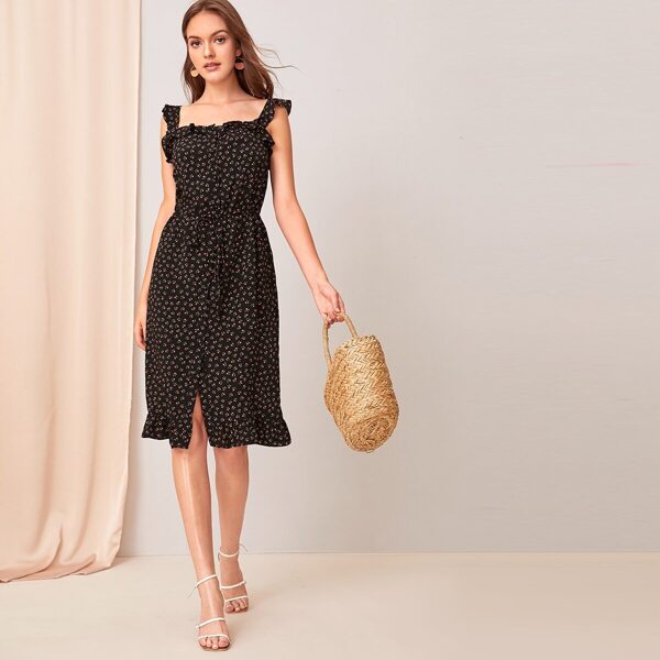 

Ruffle Trim Ditsy Floral Print Belted Dress