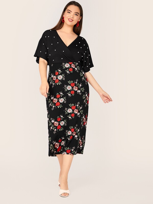 

Plus Surplice Neck Pearls Beaded Floral Print Slit Back Dress, Black, Faith Bowman