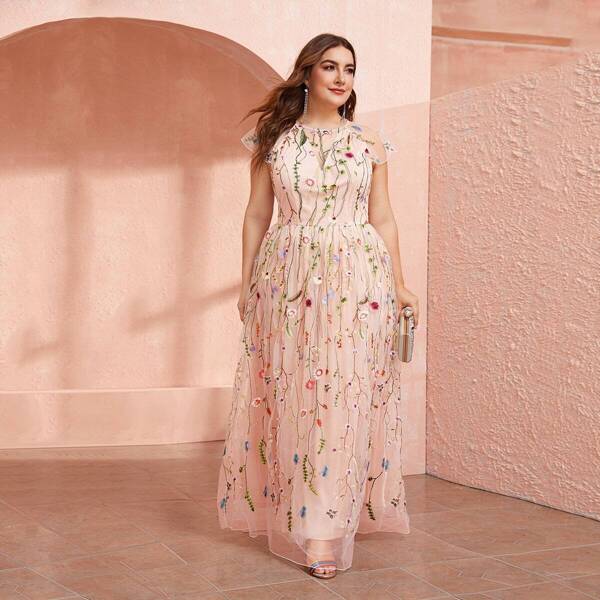 

Plus Raglan Sleeve Embroidered Botanical Mesh Overlay Dress