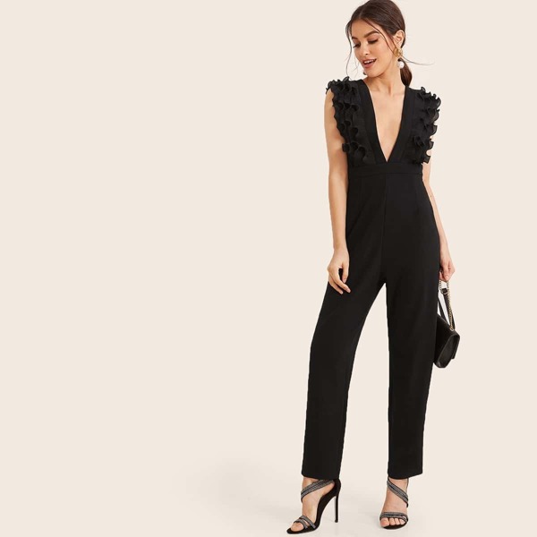 

Layered Ruffle Trim Plunge Neck Jumpsuit, Black