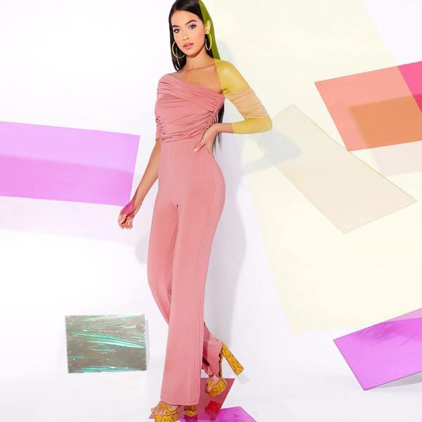 

Asymmetrical Neck Ruched Detail Flare Leg Jumpsuit