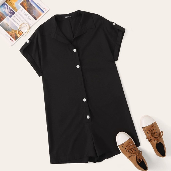 

Button Front Roll Up Sleeve Romper