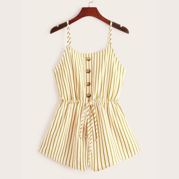 

Button Detail Drawstring Waist Striped Cami Romper