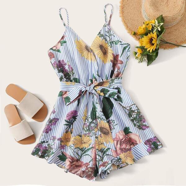 

Mixed Print Surplice Neck Ruffle Hem Cami Romper