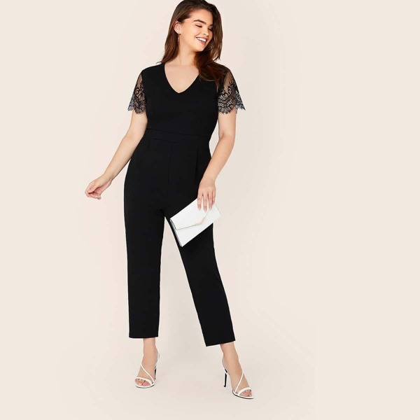 

Plus V-neck Lace Sleeve Solid Jumpsuit