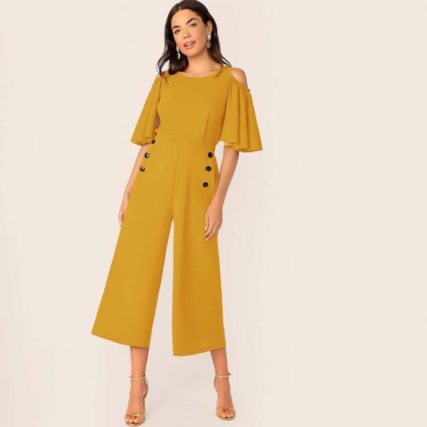 

Cold Shoulder Frill Trim Buttoned Detail Wide Leg Jumpsuit, Yellow