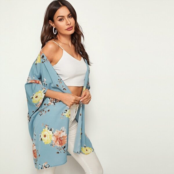 

Floral Print Drop Shoulder Kimono, Blue pastel