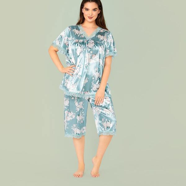 

Plus Lace Trim Bow Floral Satin Top & Shorts Pj Set, Blue