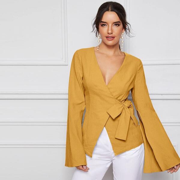 

Deep V-neck Split Bell Sleeve Wrap Knot Blazer, Yellow