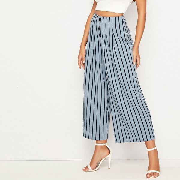 

Buttoned Front Pleated Detail Striped Wide Leg Pants