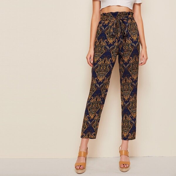 

Scarf Print Paperbag Waist Belted Pants