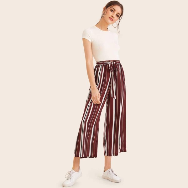 

Self Belted Wide Leg Striped Pants