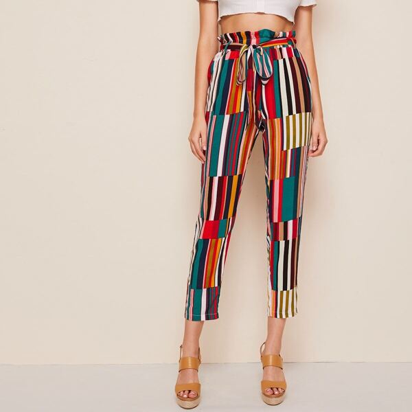 

Paperbag Waist Slant Pocket Striped Pants, Multicolor
