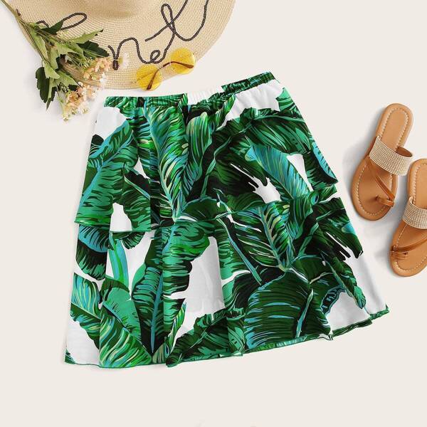 

Plus Tropical Print Double Layer Hem Skirt, Green