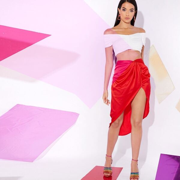 

Twist Waist Asymmetrical Hem Satin Skirt, Red bright