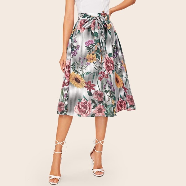 

Self Belted Floral and Striped Print Skirt, Multicolor