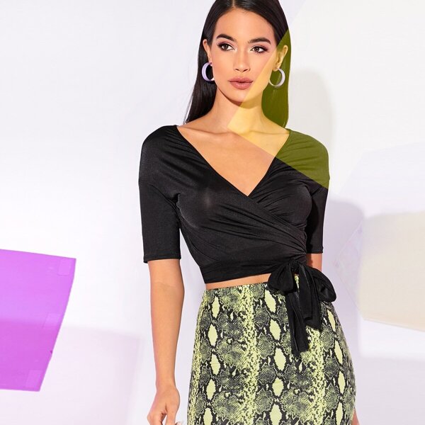 

Deep V-neck Drop Shoulder Wrap Belted Top