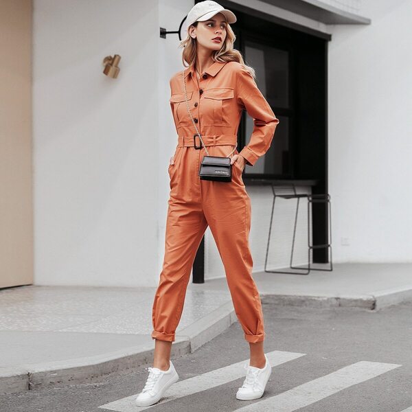 

Simplee Solid Button Front Belted Cargo Jumpsuit