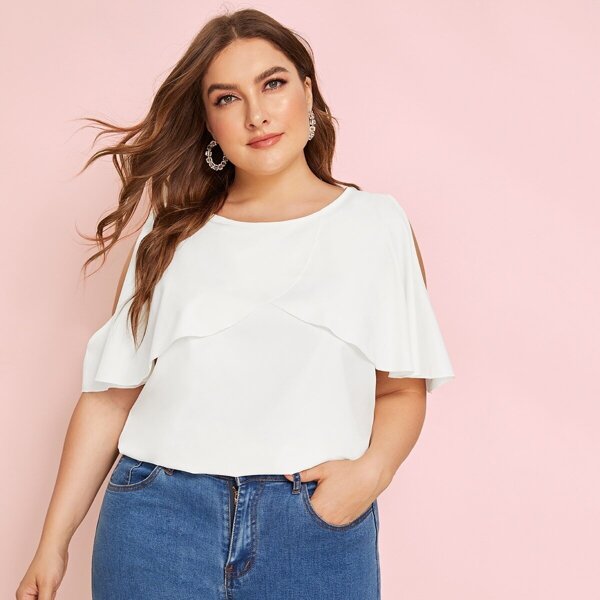 

Plus Ruffle Trim Cold Shoulder Blouse