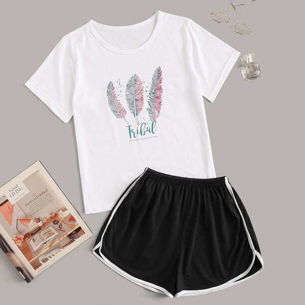 

Feather & Letter Print Pajama Set
