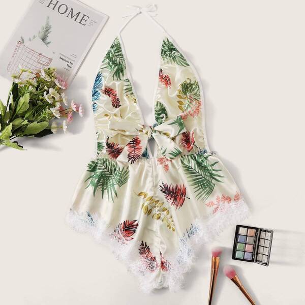

Tropical Print Lace Trim Satin Romper Bodysuit