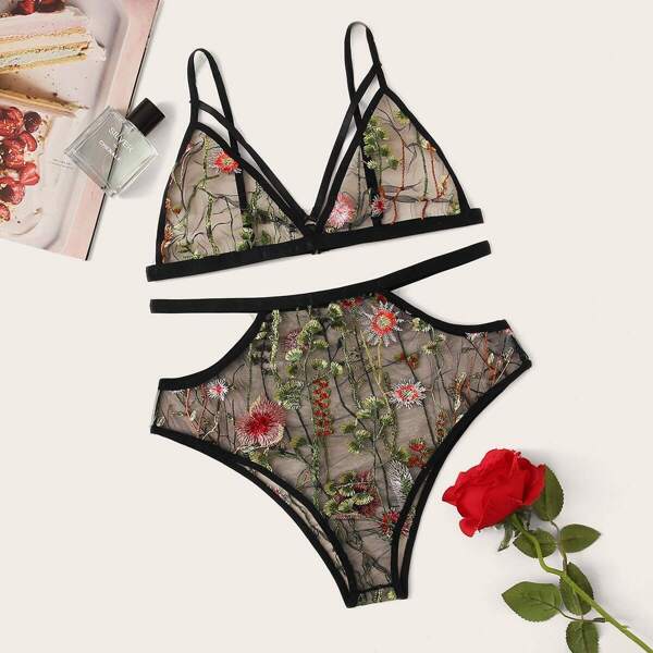

Floral Embroidered Sheer Lingerie Set