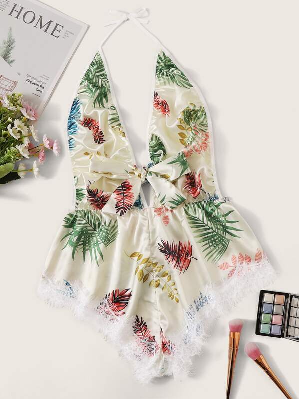 

Tropical Print Lace Trim Satin Romper Bodysuit, Multicolor