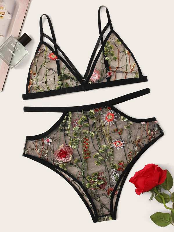 

Floral Embroidered Sheer Lingerie Set, Black