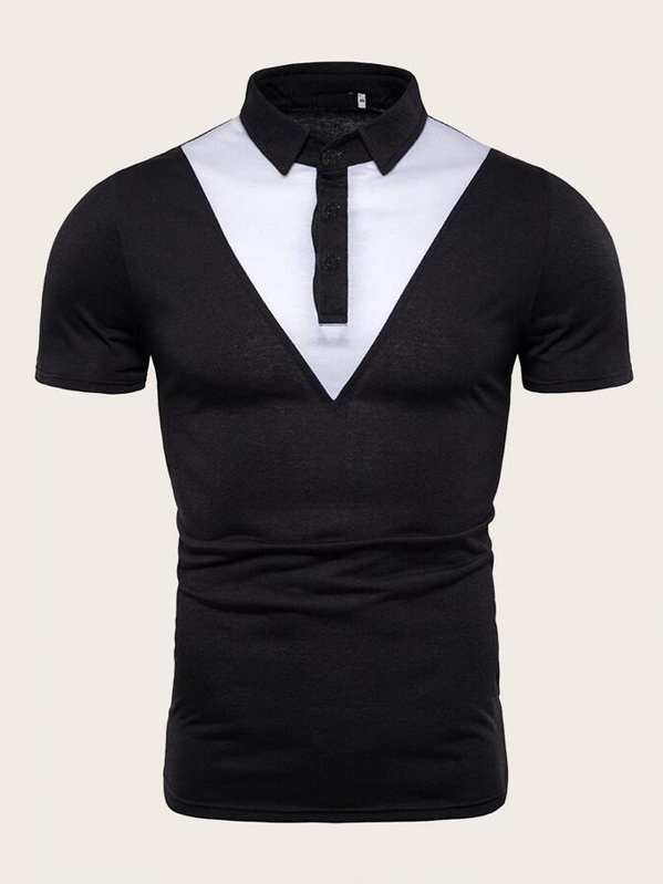 

Men Contrast Panel Polo Shirt, Black and white
