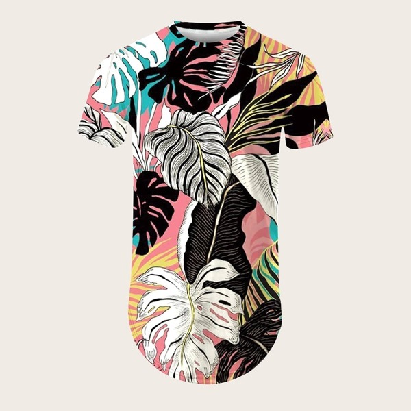 

Men 3D Tropical Print Curved Hem Tee