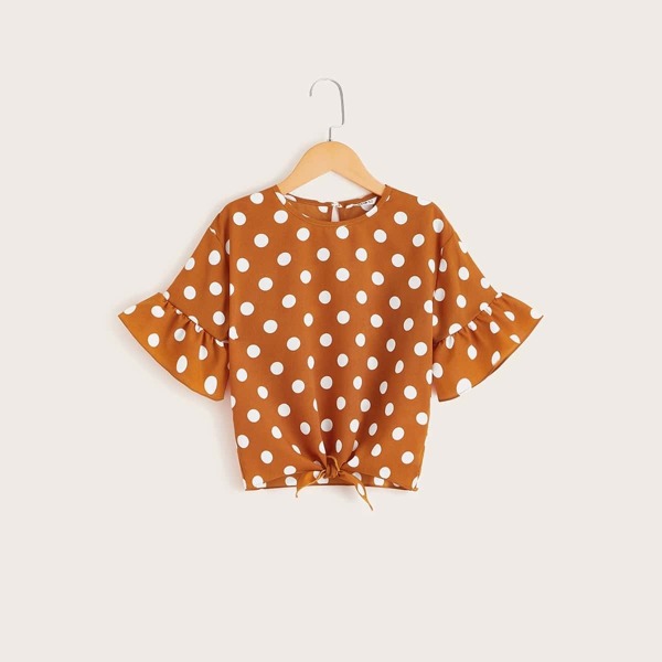 

Girls Polka Dot Flounce Sleeve Tie Hem Top