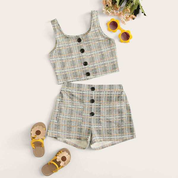 

Girls Button Front Plaid Tank Top and Shorts Set, Grey