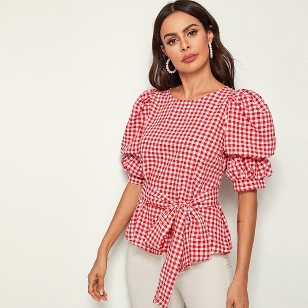 

Puff Sleeve Gingham Print Self Belted Top, Red
