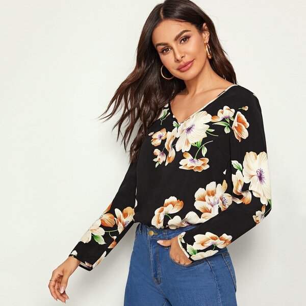 

V-neck Floral Print Top