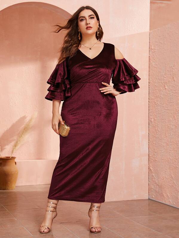 

Plus Cold Shoulder Layered Flounce Sleeve Pencil Velvet Dress, Burgundy, Franziska