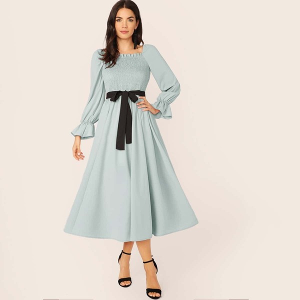 

Shirred Panel Raglan Flounce Sleeve Self Belted Dress, Blue pastel