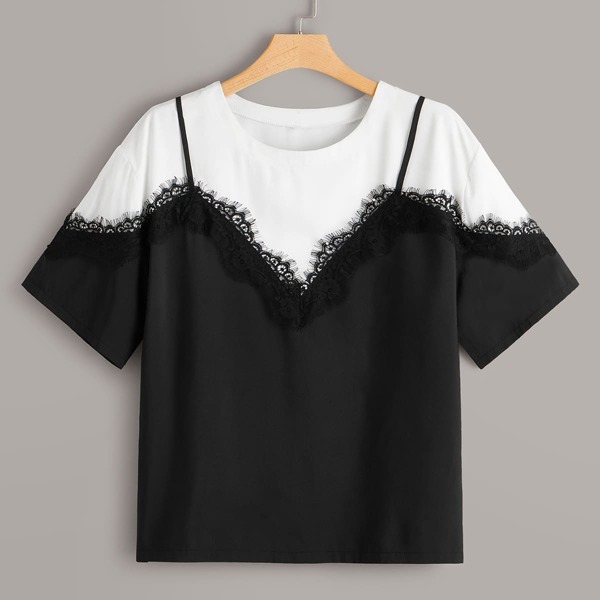 

Plus Contrast Lace Color Block Blouse, Black and white
