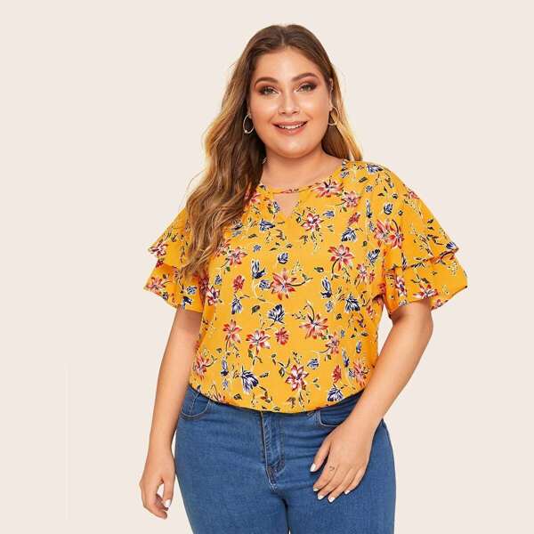 

Plus Floral Print Keyhole Neckline Blouse