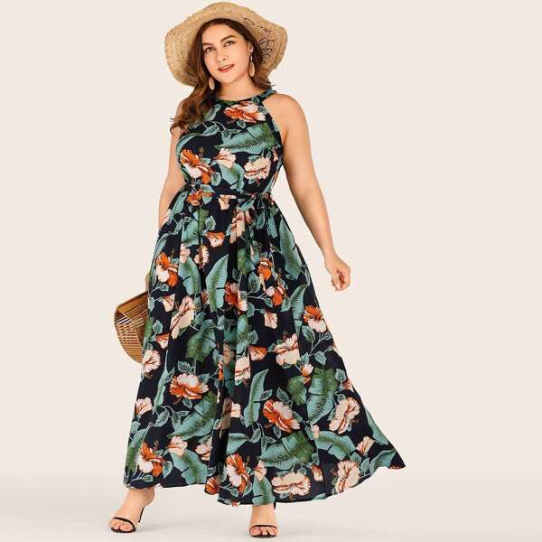 

Plus Floral Print Halter Belted Dress, Multicolor