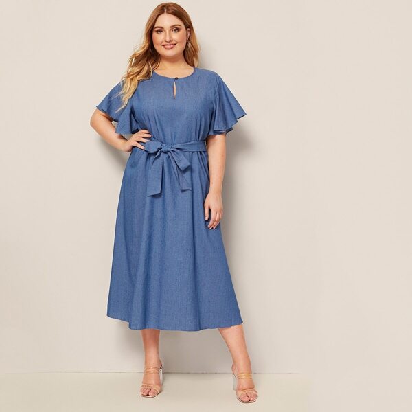 

Plus Butterfly Sleeve Button keyhole Belted Denim Dress, Blue